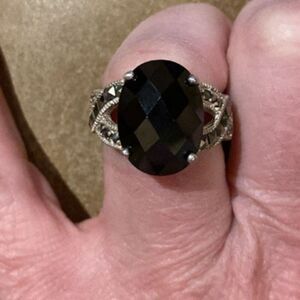 Vintage Sterling Silver .925 Black Agate Marcasite Art Deco Estate Ring • Size 7